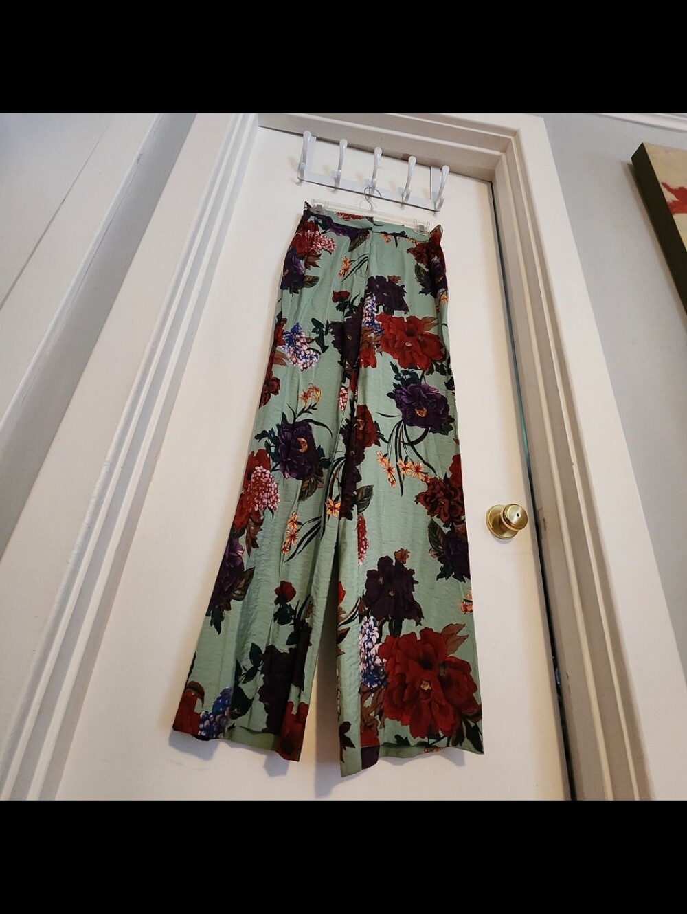 H&M Sage Green Wide-Leg Floral Pants with Red & Purple Blooms - Picture 4 of 6